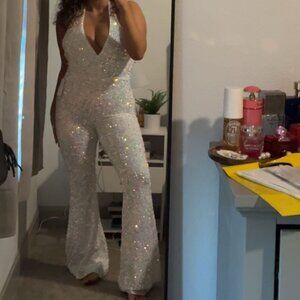 Show Me Your MuMu Studio Halter Jumpsuit White Sparkle Sequin Low Back Size M